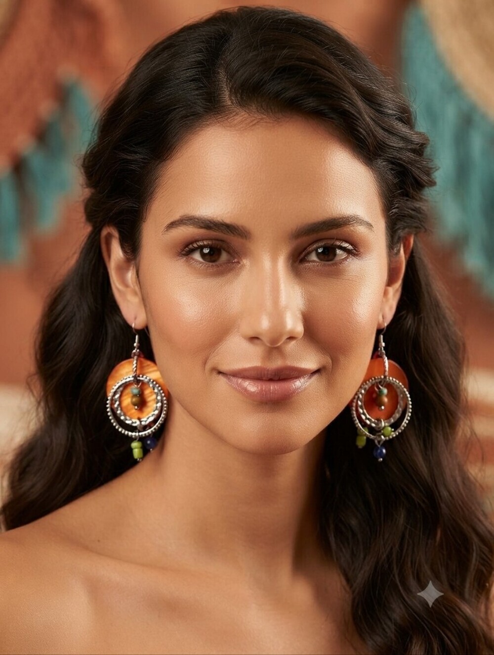Artisan Orange and Multicolor Bead Dangle Hoop Earrings